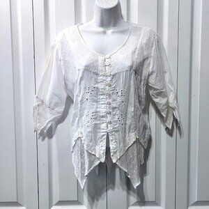 More by Lata-White Cotton Button Up Embroidered Handkerchief Hem Top-Sz Med-Vint